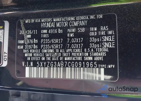 2012 Hyundai Santa Fe Gls z USA, uszkodzony, nr VIN 5XYZG3AB7CG091965